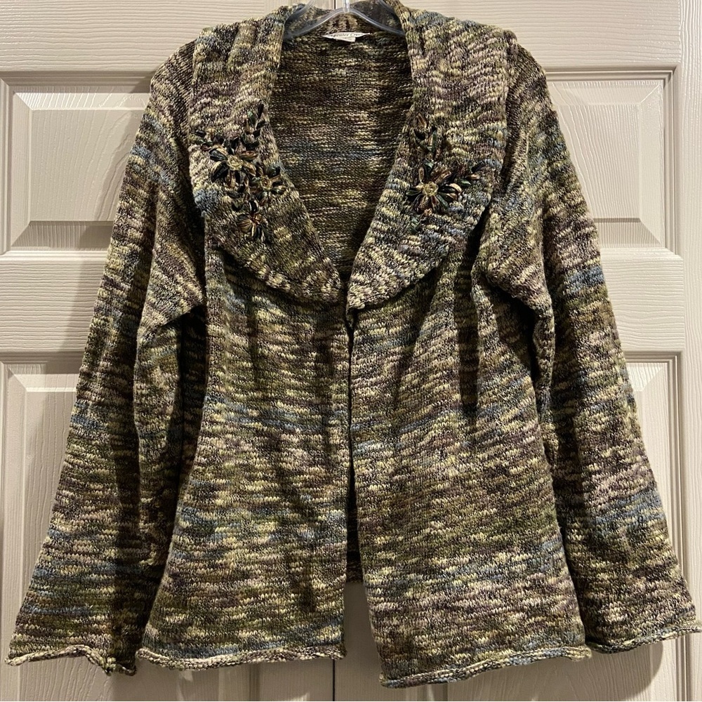Coldwater Creek Cardigan Sweater Embroidered Green Brown Knit Beaded Medium Fall